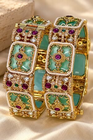 Tajira Heritage Emerald and Ruby Gemstone Gold Polish Bangle Set of 2 (Openable)