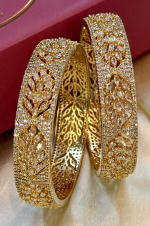 Floral Swipes American Diamond Gold Polish Bangle Set of 2