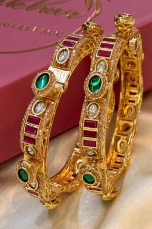 Shehnaz Premium Sleek Ruby and Emerald Gold Polish Bangle Set of 2