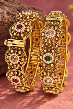 Kanakshree Ruby and Emerald Green Gemstone Gold Polish Bangle Set of 2
