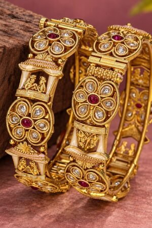 Swarna Abhushan Ruby Gemstone Gold Polish Bangle Set of 2