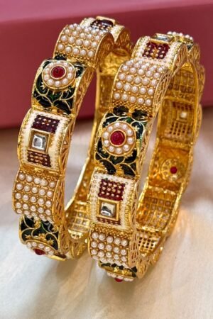 Rajora Pearl Ruby Gemstone Gold Polish Bangle Set of 2