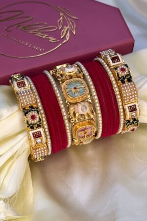 Tajvar Mint and Pink Elephant Red Gold Polish Bangle Set For 2 Hands