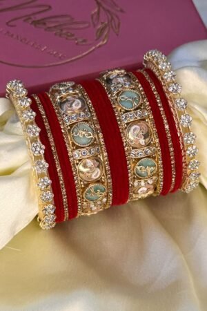 Afsara Mint and Pink Red Gold Polish Bangle Set For 2 Hands