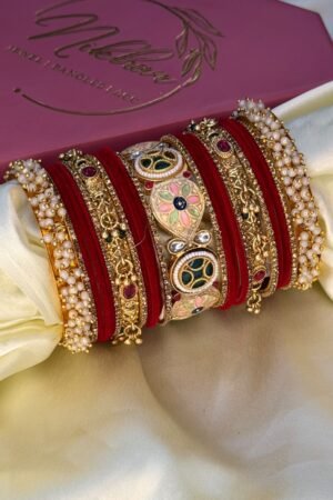 Viranshi Enamel Print Red Bajra Gold Polish Bangle Set For 2 Hands