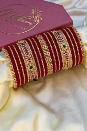 Zarnoor American Diamond Ruby and Red Gold Polish Bangle Set For 2 Hands