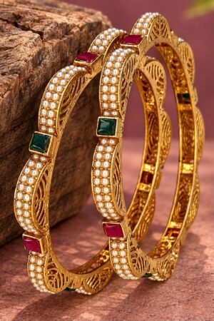 Zarish Pearl Ruby and Pearl Gold Polish Bangle Set of 2