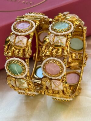 Koshar Elephant Mint Pink Gold Polish Bangle Set of 2 (Openable)