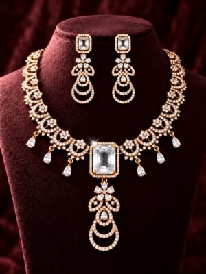 Manjari Diamond Fall Gold Polish AD Necklace With Earrings