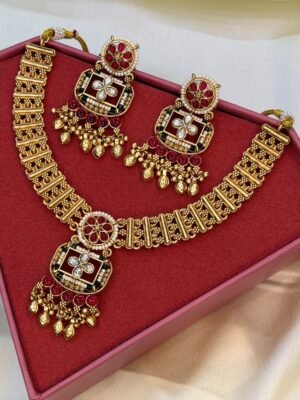 Mrinalika Green and Ruby Emerald Gold Polish Necklace With Earrings