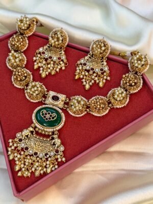 Kundanika Green Emerald with Fallen Jhumki Gold Polish Necklace With Earrings