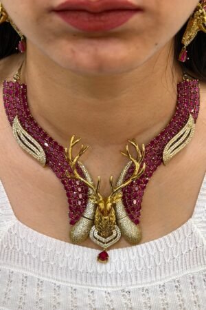 Jungle Collection Ruby Gemstone Gold Polish Moissanite Necklace With Earrings